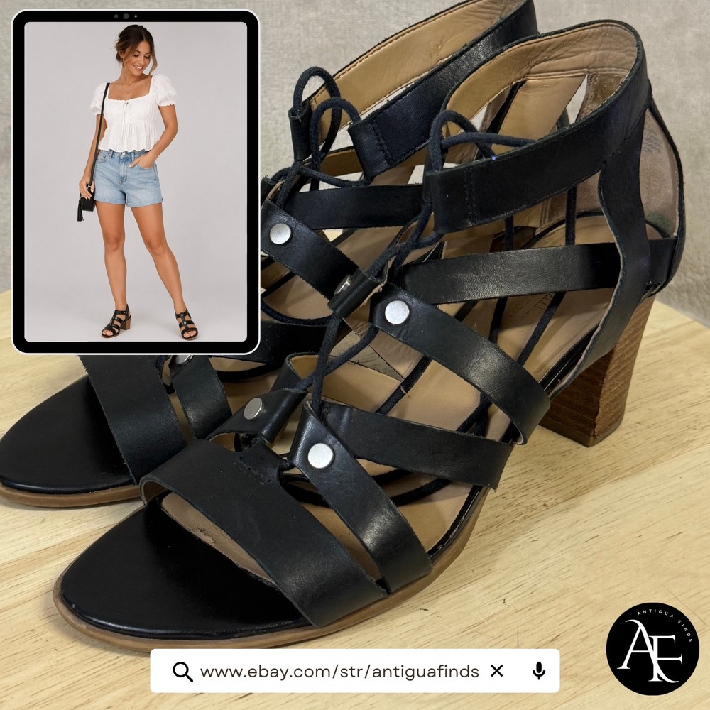 Naturalizer London Black Leather Gladiator Block Heel Sandals Womens 9M Comfort